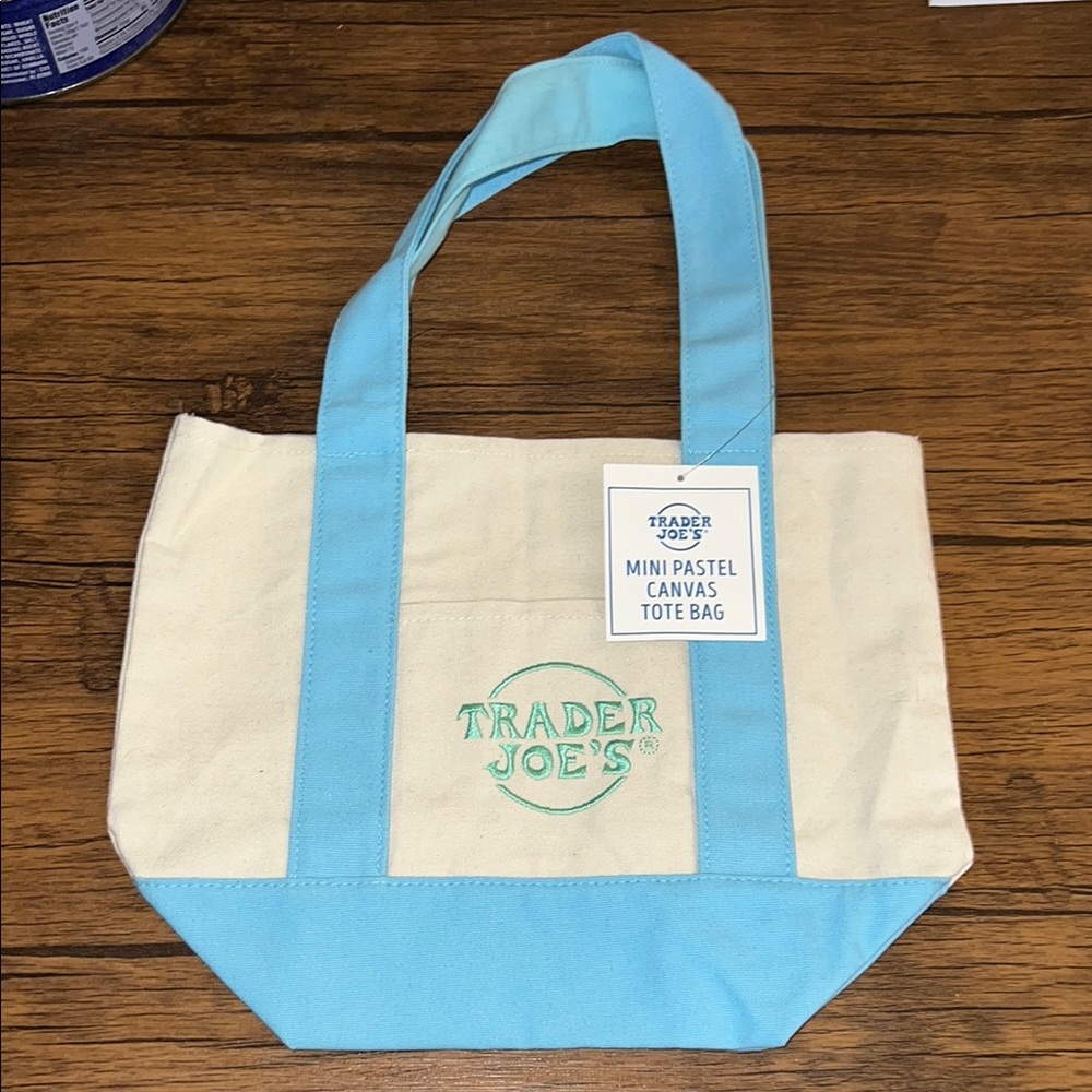 NWT Trader Joe’s Mini Pastel Blue and Cream Mini Canvas Tote‎ Bag- OS